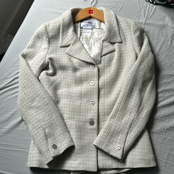 Chanel Vintage Tweed Cream Light Gray Wool Blend Long Sleeve Jacket | Sz 8 EU40 - Picture 3 of 9